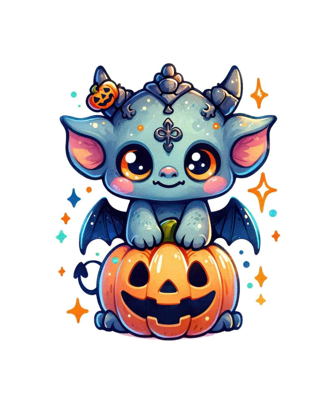 Kawaii Baby Dragon standing behind a Jack-o-Lantern