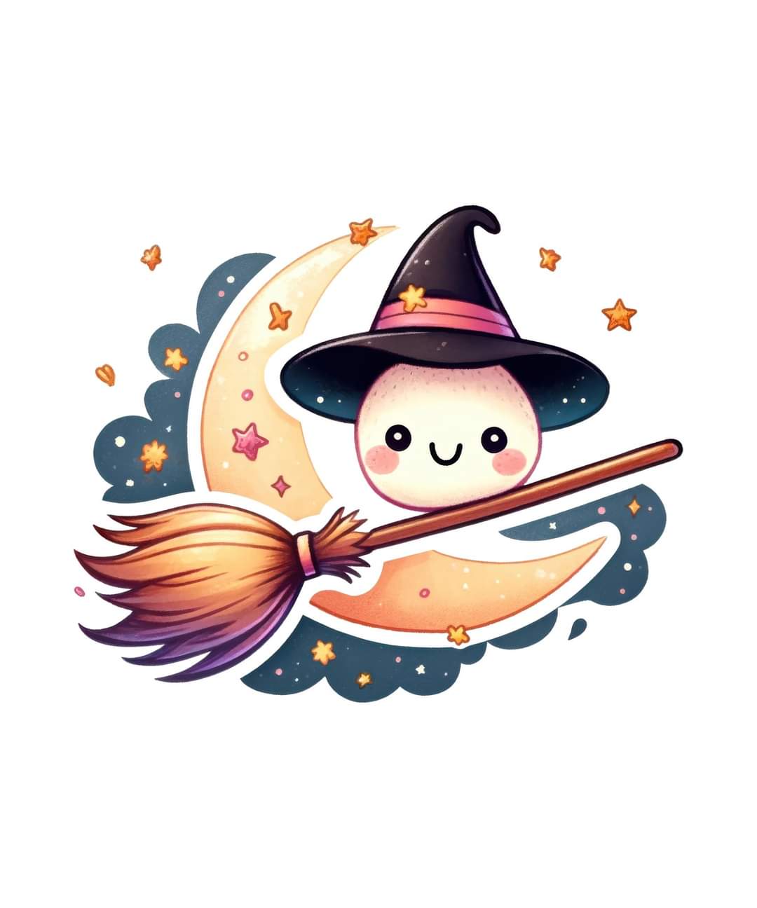 Kawaii ball wearing witches hat, flying across the moon on a broom