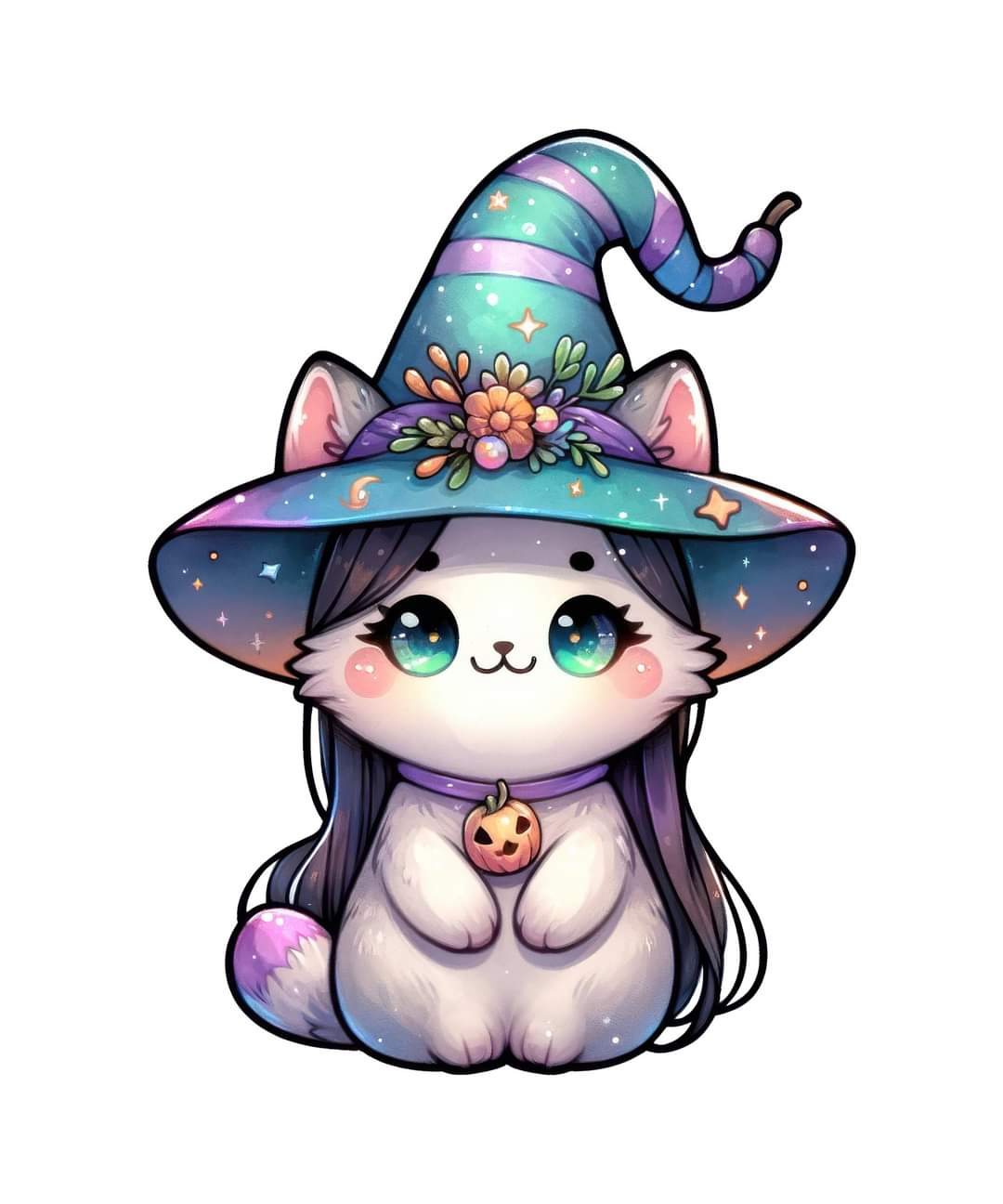 Kawaii White fluffy cat wearing a blue and purple witches hat
